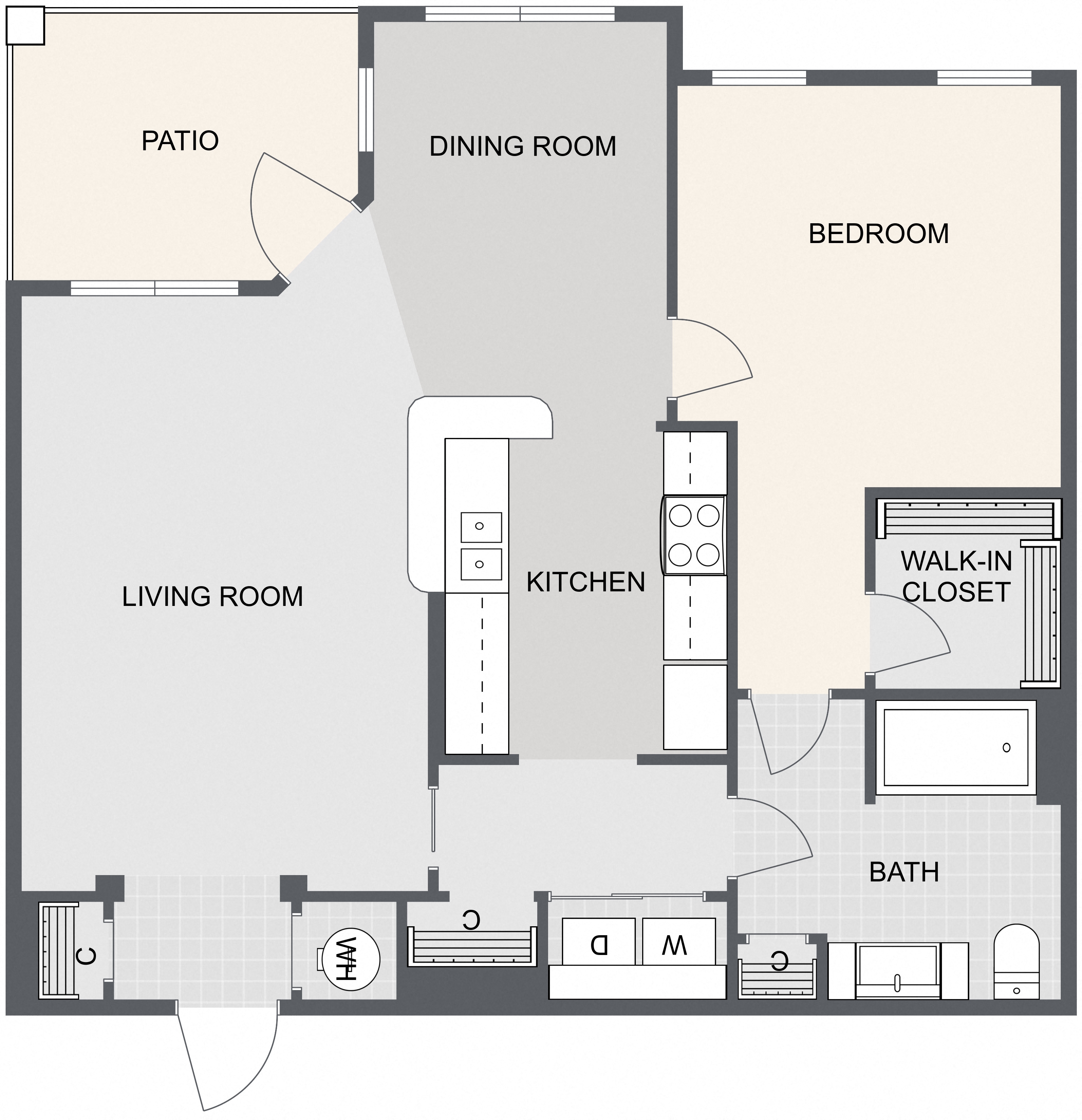 Floor plan for 1 bed, 1 bath, 915 sqft